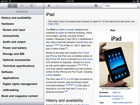 Просмотр статьи про iPad в Wikipanion