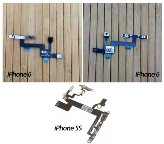 Фото шлейфа для кнопок для IPhone 6 с двух сторон, по сравнению с таковым для iPhone 5S